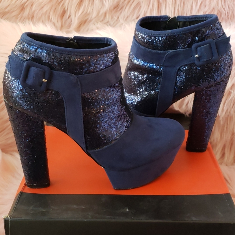 Blue suede glitter platform bootie